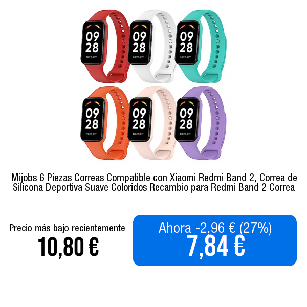 ↗️Ver en Amazon amazon.es/dp/B0CBBM2817?…

Mijobs 6 Piezas Correas Compatible con Xiaomi Redmi Band 2, Correa de Silicona Deportiva Suave Coloridos Recambio para Redmi Band 2 Correa