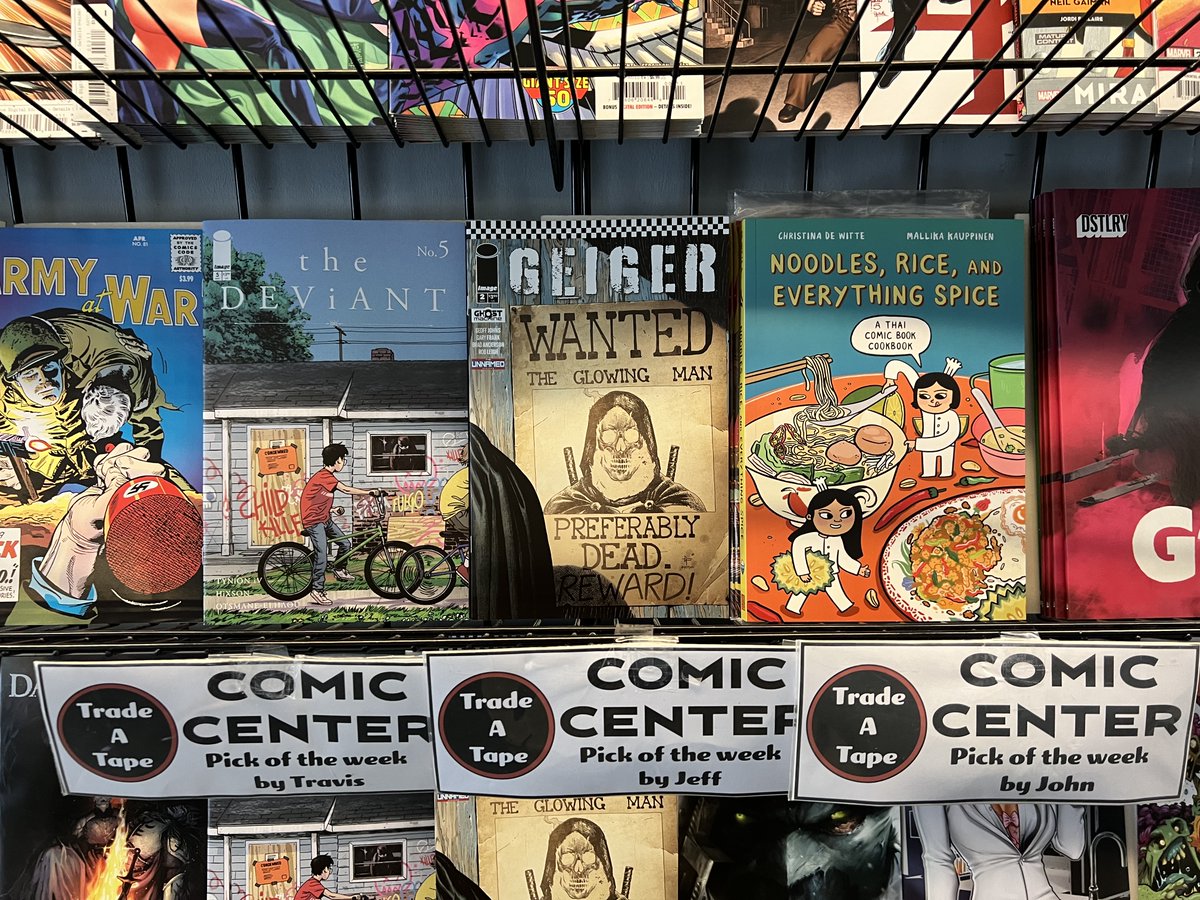 Happy New Comic Book Day! Here are this week's staff picks:

@sternumking - Noodles, Rice, and Everything Spice
@jeffhillwriter - Geiger
@TravisHeller - The Deviant

#NewComicBookDay #NCBD #Geiger #Deviant #CookBook #Comics #Image #ImageComics #ShopLocal #FCBD #FreeComicBookDay