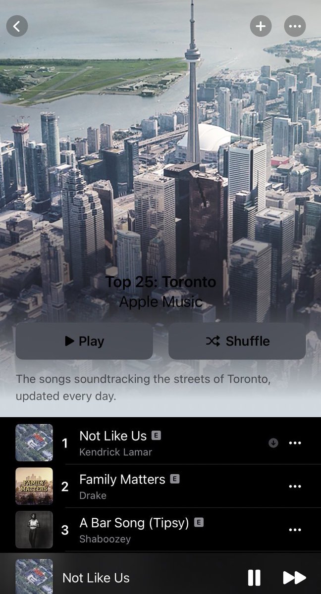 Kendrick Lamar's 'Not Like Us' has reached No. 1 on Toronto's Apple Music Charts 🇨🇦