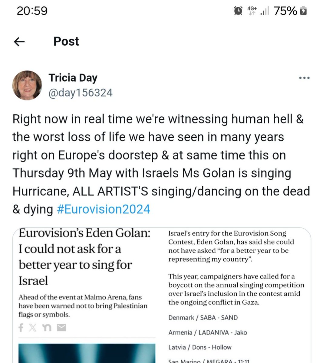 @KevMoore16 Kevin, totally agree & what really pisses me of is the usual load of old cobblers from the artists performing saying stuff like 'I believe I can join people bla bla bla cobblers  posted this today as think the whole fucking thing right now is a travesty Israeli Hurricane song ffs