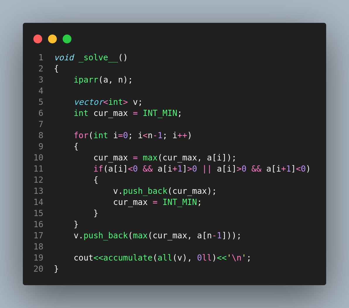 Day_4.2 #codeforces
codeforces.com/problemset/pro…

Since we need the longest possible LEN of the alternating Seq with max sum We have to consider all alterations.

Break the array in continuous adj subarrays containing elements of 'Same Sign' then pick the maximum out of that subarray.