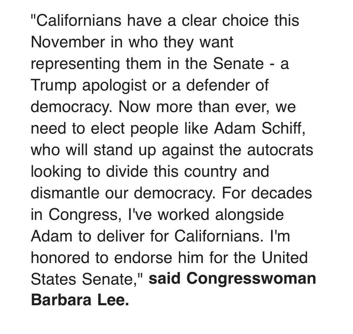 New: #Oakland’s @BarbaraLeeForCA endorses @AdamSchiff for Senate, after losing to her fellow Democrat in the primary. (It’s not as if she would ever endorse Steve Garvey over Schiff…)