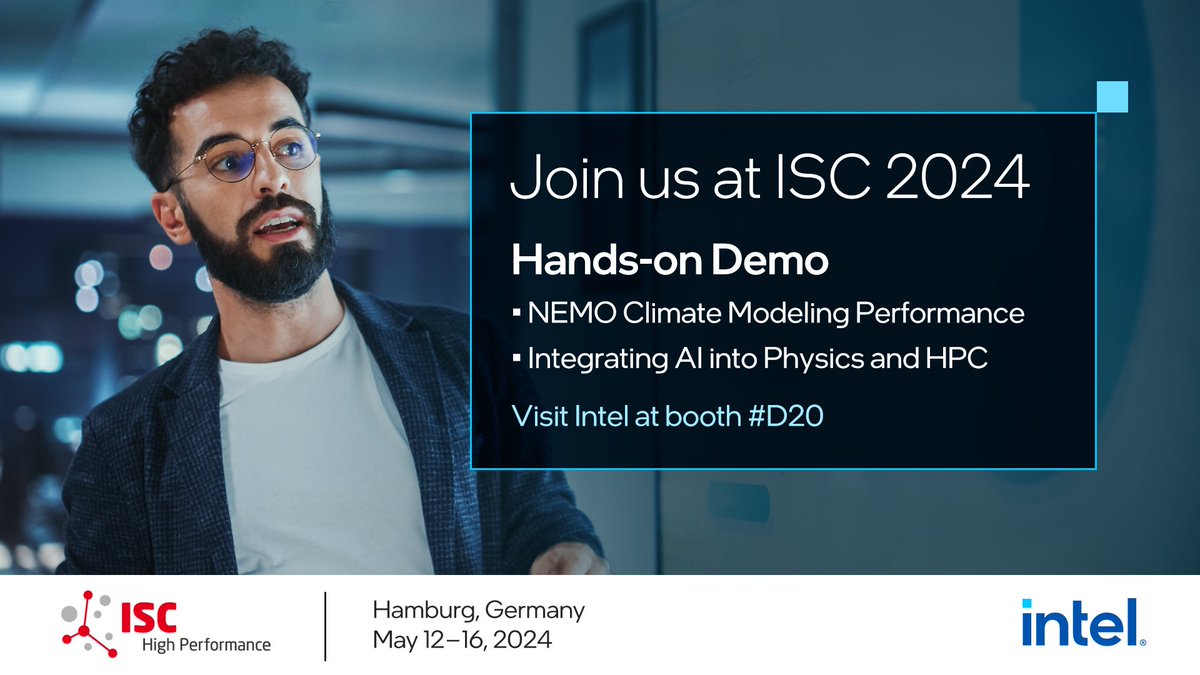 At #ISC24, visit booth D20 for demos showcasing state-of-the-art modeling frameworks for research activities & forecasting. Plus, a look at the Intel® Data Center GPU Max 1550 performance on Physics Informed #ML & Computational Fluid Dynamics. intel.ly/44z1dEd #HPC #AI