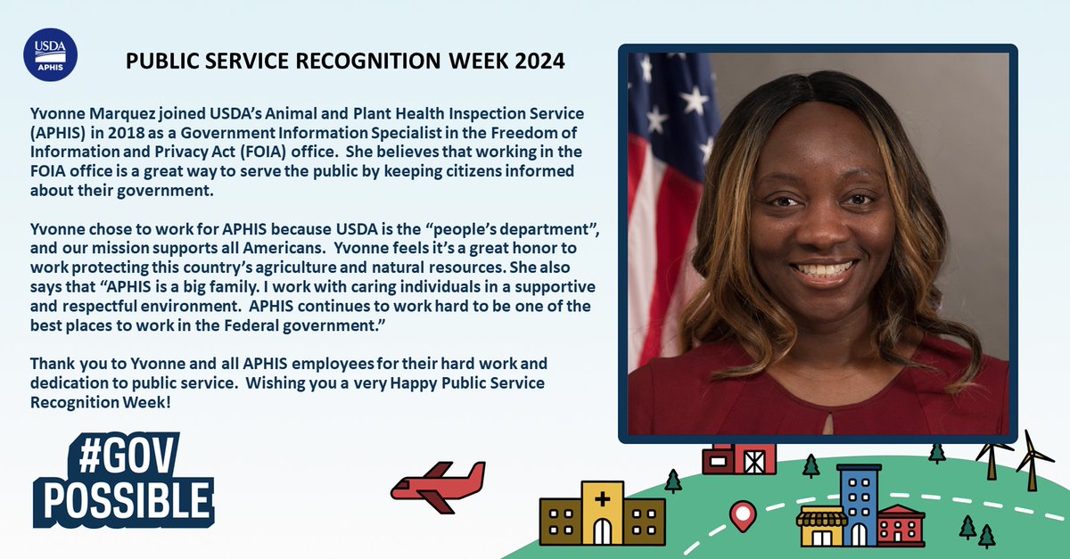 During Public Service Recognition Week, we take this opportunity to honor Yvonne Marquez, an exceptional Government Information Specialist at APHIS’ Legislative and Public Affairs. To Yvonne and all the dedicated public servants who make #GovPossible, you are appreciated! #PSRW