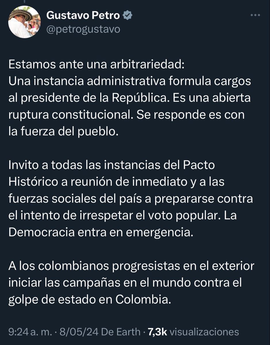 Lo que hicieron con <a href="/LulaOficial/">Lula</a>, lo que hicieron con Antonio Costa en Portugal, lo que han intentado con <a href="/sanchezcastejon/">Pedro Sánchez</a>, lo está intentando la derecha de Colombia con <a href="/petrogustavo/">Gustavo Petro</a>. Los jueces están dando golpes de Estado. Se les gana en la calle. Y deberían terminar presos.