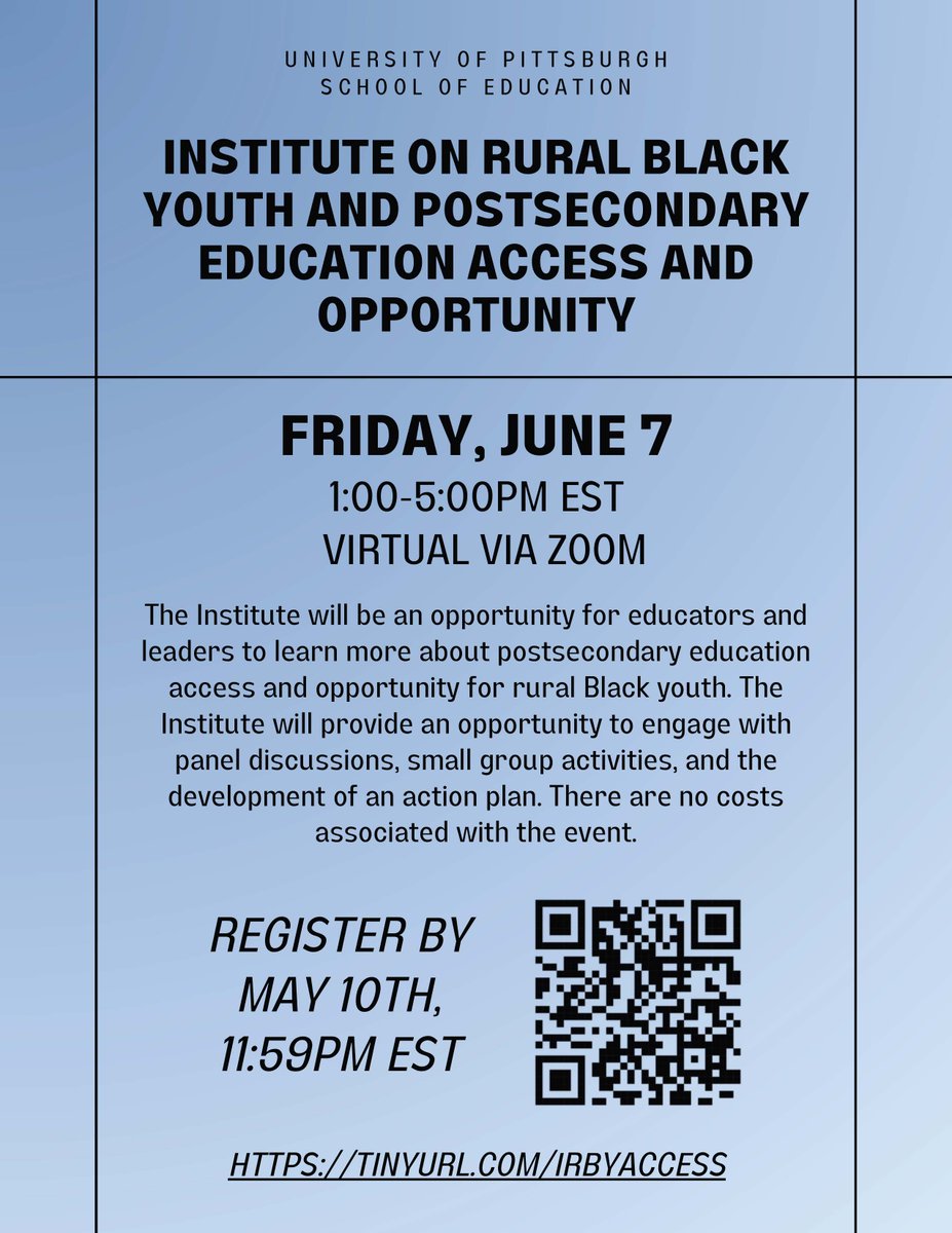 At the Institute on Rural Black Youth and Postsecondary Education Access and Opportunity on June 7, educators and leaders can learn more about postsecondary education access and opportunity for rural Black youth. Sign up for this virtual institute: ow.ly/yypX50RzCLt