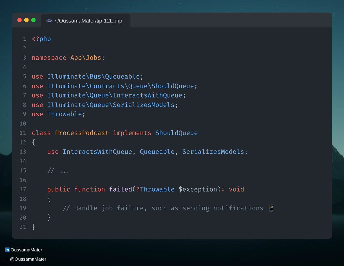 Laravel Tip💡:  Clean Up After Failed Jobs

When jobs fail, you may want to send notifications or perform some cleanups. Luckily, Laravel allows you to define a 'failed' method to do exactly that 🚀

#laravel