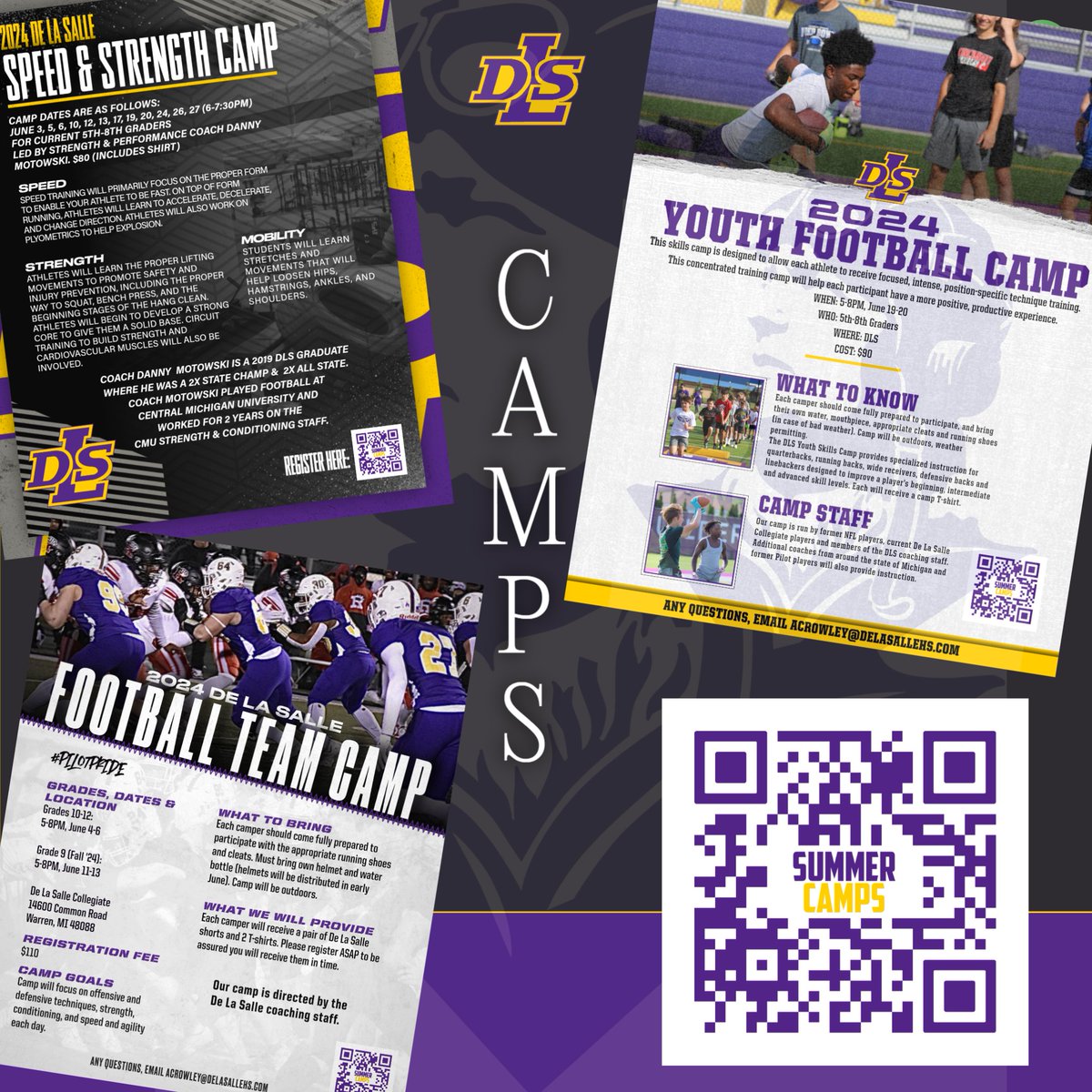 There's still time to sign up for the DLS Football Team Camp! Grades 10-12: 5-8PM, June 4-6 Grade 9 (Fall '24): 5-8PM, June 11-13 ... focusing on offensive and defensive techniques, strength, conditioning, and speed & agility each day. Use the QR code to register! @coachrohn