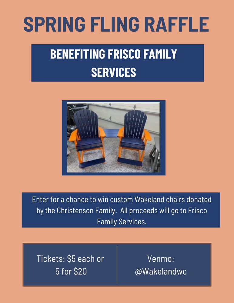Please come to the Spring Fling tonight. I have some great Wolverine apparel at 90% off.  We will also be raffling off these Wakeland chairs with proceeds going to FFS!  See you tonight!