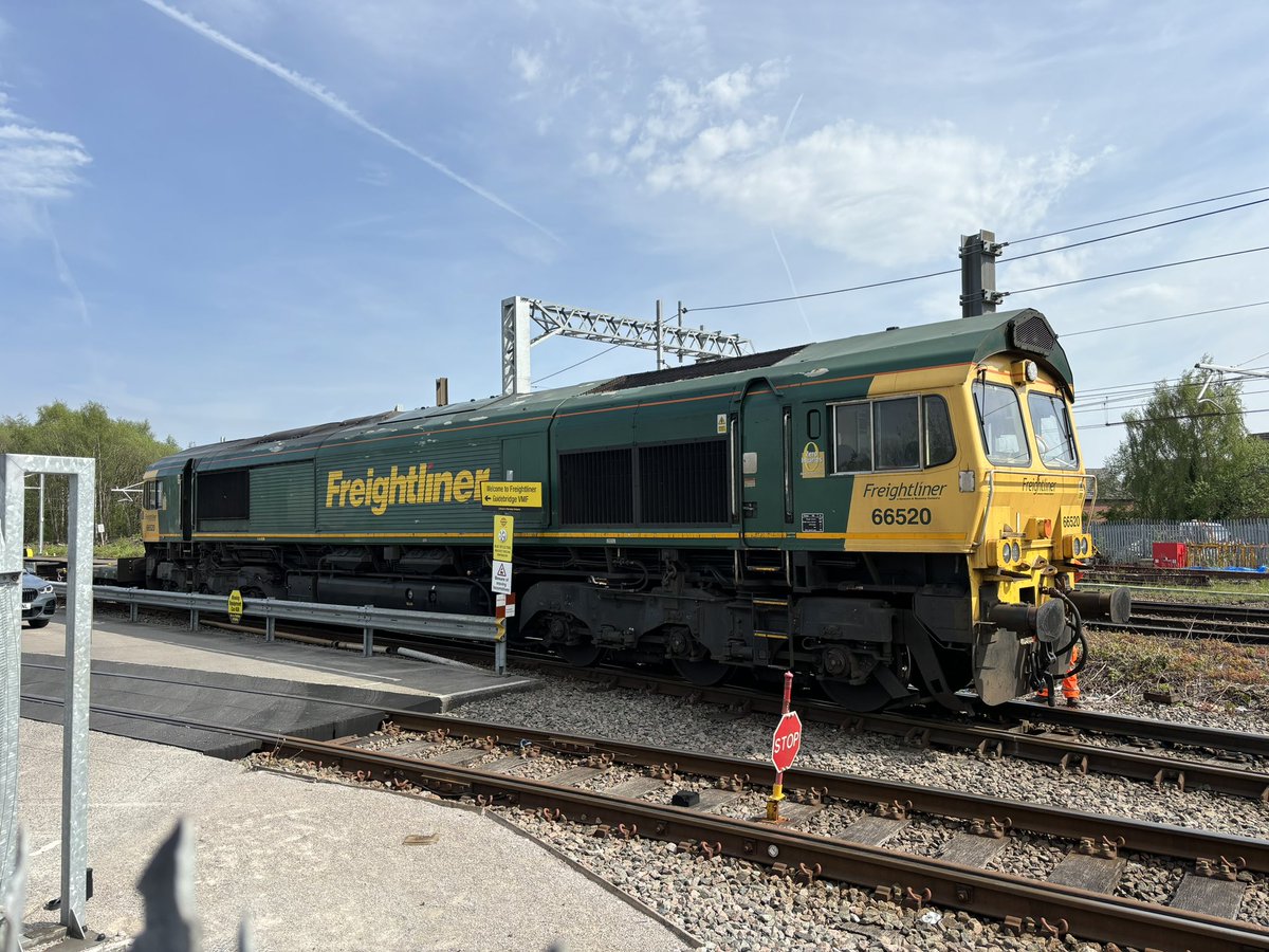 Freightliner class 66 No. 66520 awaits departure from Guide Bridge as 6K68 to Crewe Basford Hall. 2nd May 2024.