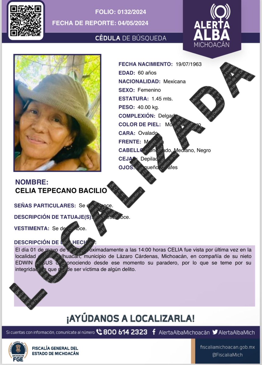 🟣📢 Informamos que CELIA TEPECANO BACILIO sido localizada. Gracias por tu apoyo. #AlertaAlba #AlertaAlbaMichoacán #FGEMich @BotDesaparecidx