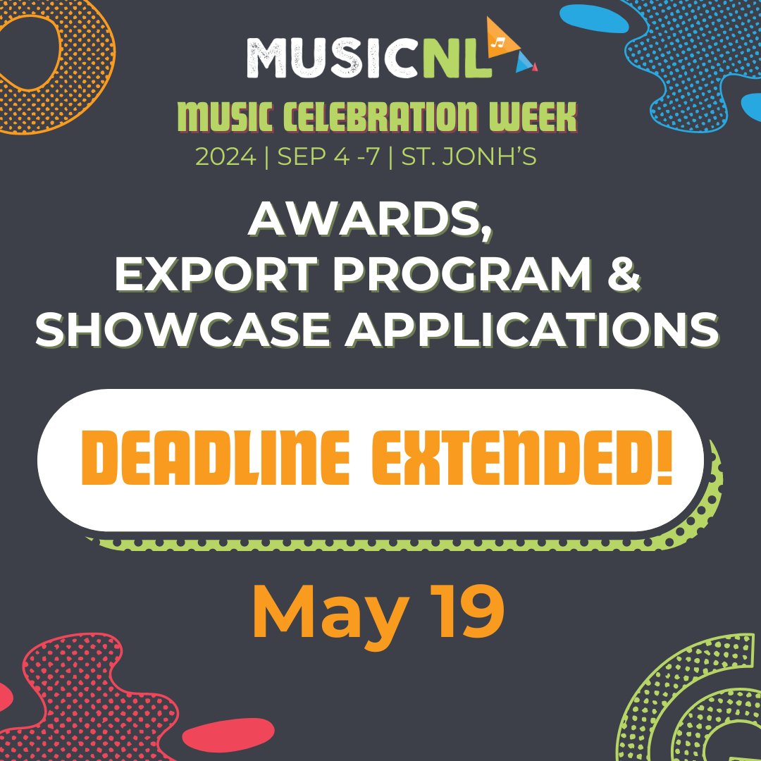 APPLICATION DEADLINE EXTENDED 📣

Awards, Export Program &amp; Showcase applications deadline has been extended to May 19, 2024. 

Apply today! 👇
musicnl.ca/music-celebrat…

Have questions? Reach out to our staff!