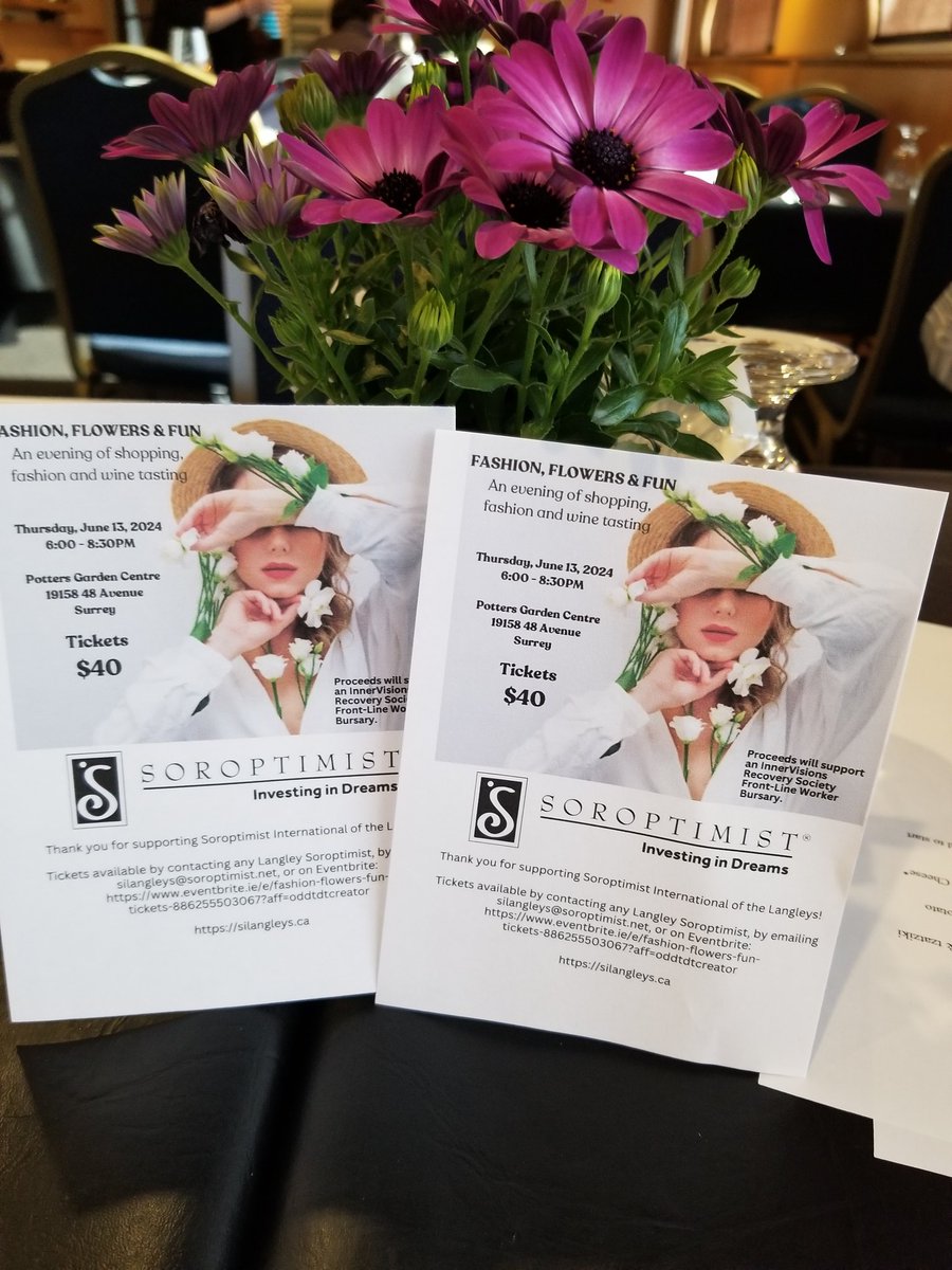 Love Fashion...👗
Love Flowers....💐
Love Fun ....🥳
Then why don't you join  The Soroptimist of the Langleys at their next fundraiser 'Fashion Flowers & Fun on June 13th! 
Purchase your tickets
eventbrite.ie/e/fashion-flow… @SILangleys
@LangleyTimes
THEIR EVENTS ALWAYS SELL OUT FAST!