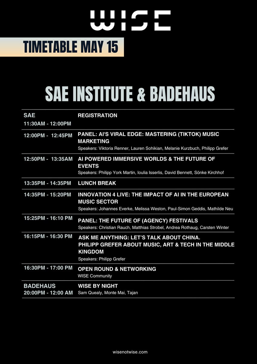 Announcing the program for Day 2 of WISE 2024 - Me, Myself &amp; AI in Berlin, happening on May 15th. 

📍WISE BY DAY at SAE INSTITUTE BERLIN (May 15)
🪩WISE BY NIGHT at Badehaus (May 15)
🎟️ wisenotwise.com

#WISE2024 #berlin #ai #musicindustry #creativity #innovation #music