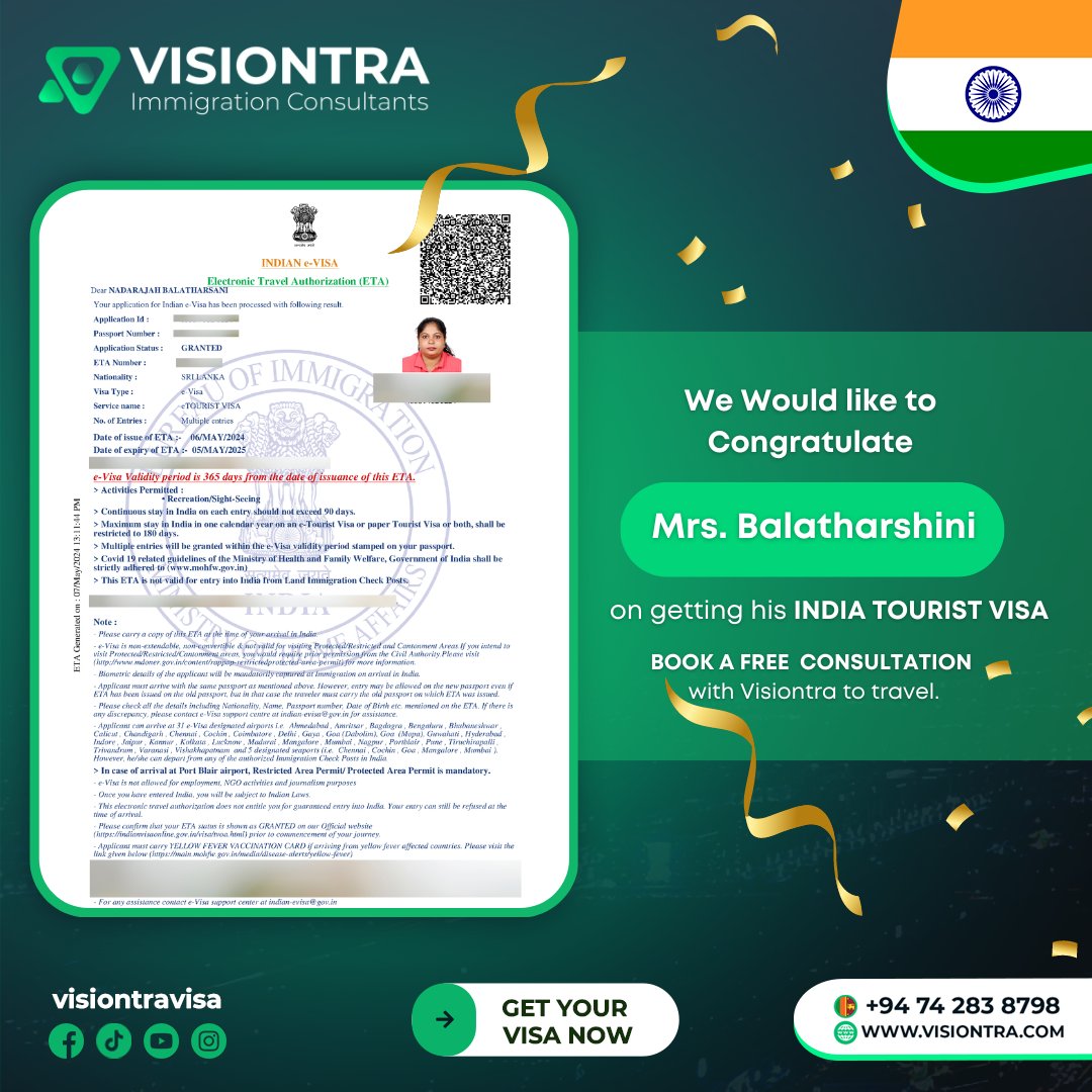We Would like to Congratulate Mrs. Balatharshini on getting her INDIA TOURIST VISA 🇮🇳

#VisiontraImmigration #GlobalOpportunities #indiavisitvisa #europejobs #europejobsinsrilanka #Srilankavisaagency #aftervisapayment #Visaagencyinsrilanka #Visiontra #bestvisaagencyinsrilanka