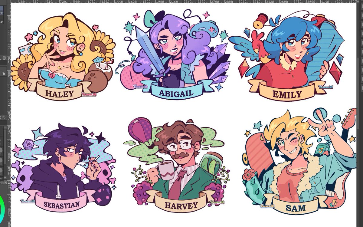 been drawing the stardew bachelors and bachelorettes in my free time! STILL NOT DONE!! But so many people asked to see them as stickers, so they're available now!

I'll be sharing the rest as I finish them 🌱
#StardewValley