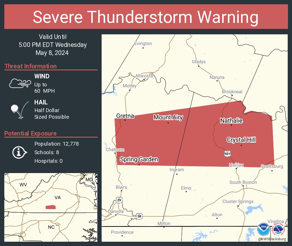 Severe Thunderstorm Warning including Gretna VA, Nathalie VA and Mount Airy VA until 5:00 PM EDT