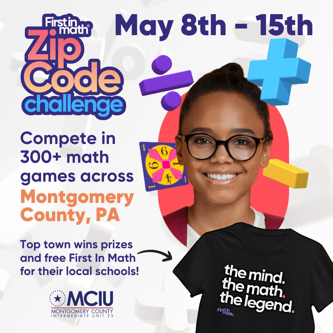 Starting TODAY through May 15th! Students in Montgomery County can play #FirstInMath for free! 📲 Sign in using your Zip Code - Username & PW: lovemath ⭐ Top town wins prizes! 🏅@MontcoPA