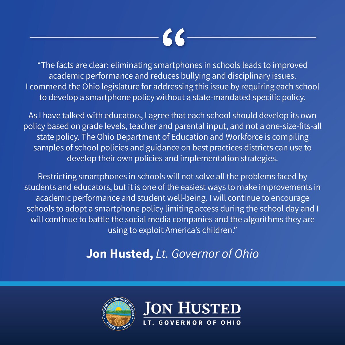 Lt. Governor @JonHusted released the following statement upon the passage of House Bill 250 this afternoon: