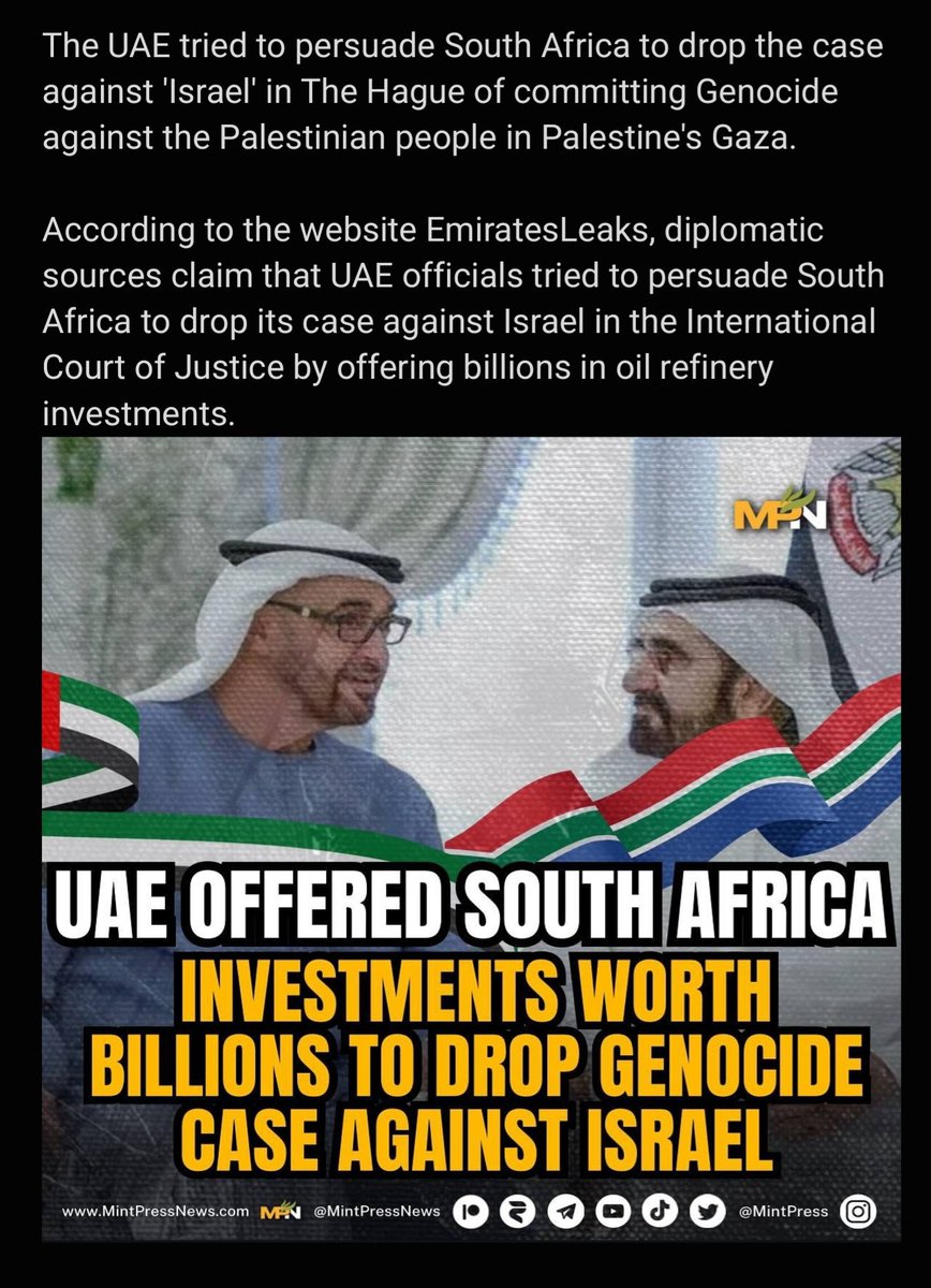 The #UAE tried to persuade South Africa to drop the case against '#Israel' in The Hague of committing Genocide against the #Palestinian people in Palestine's #Gaza. According to the website EmiratesLeaks, diplomatic sources claim that UAE officials tried to persuade South Africa…