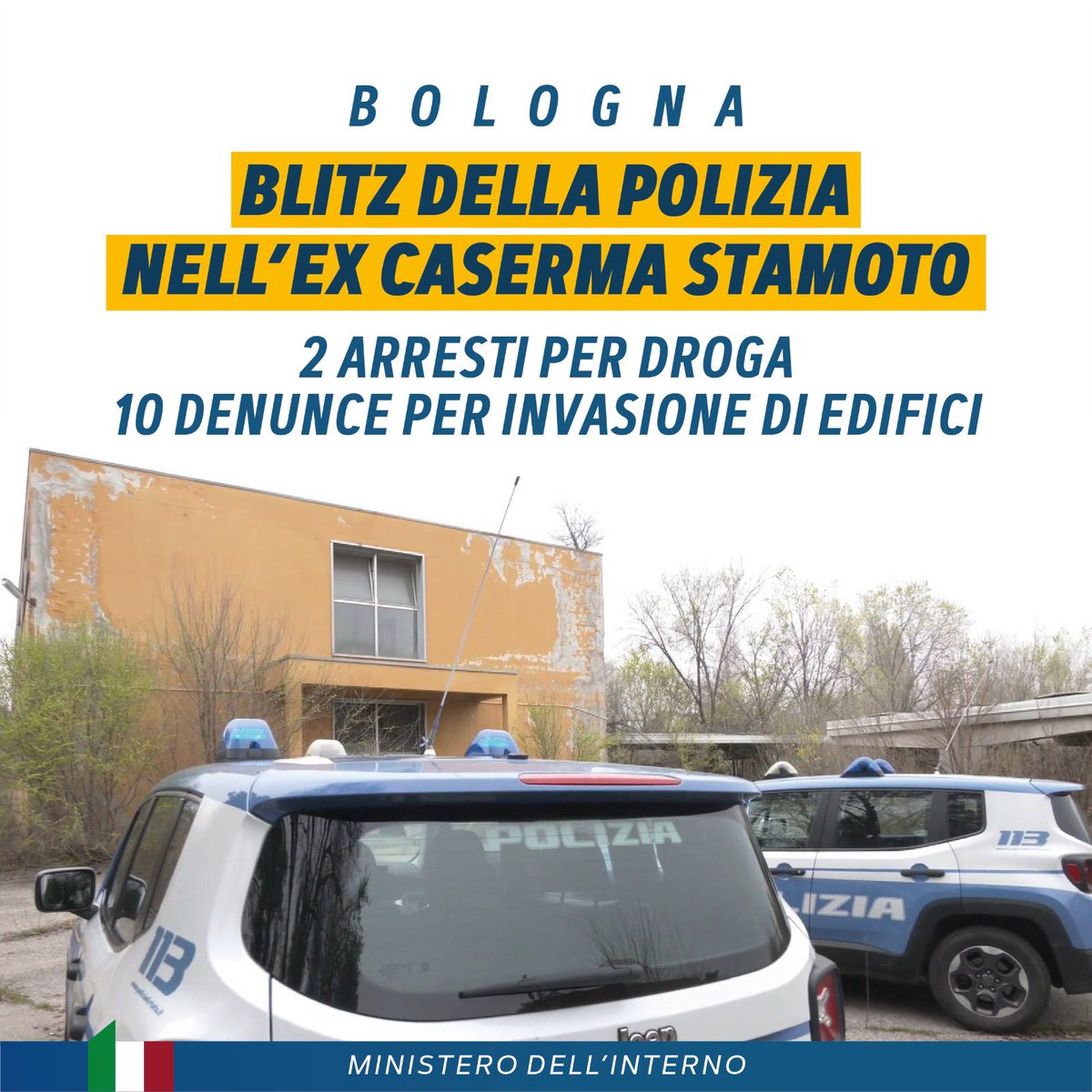 Continuano i controlli della @poliziadistato presso l’ex caserma Stamoto di Bologna. Nel corso degli ultimi servizi, disposti per contrastare criminalità e degrado urbano, due cittadini marocchini sono finiti in manette per spaccio di droga, e 10 persone sono state denunciate per…