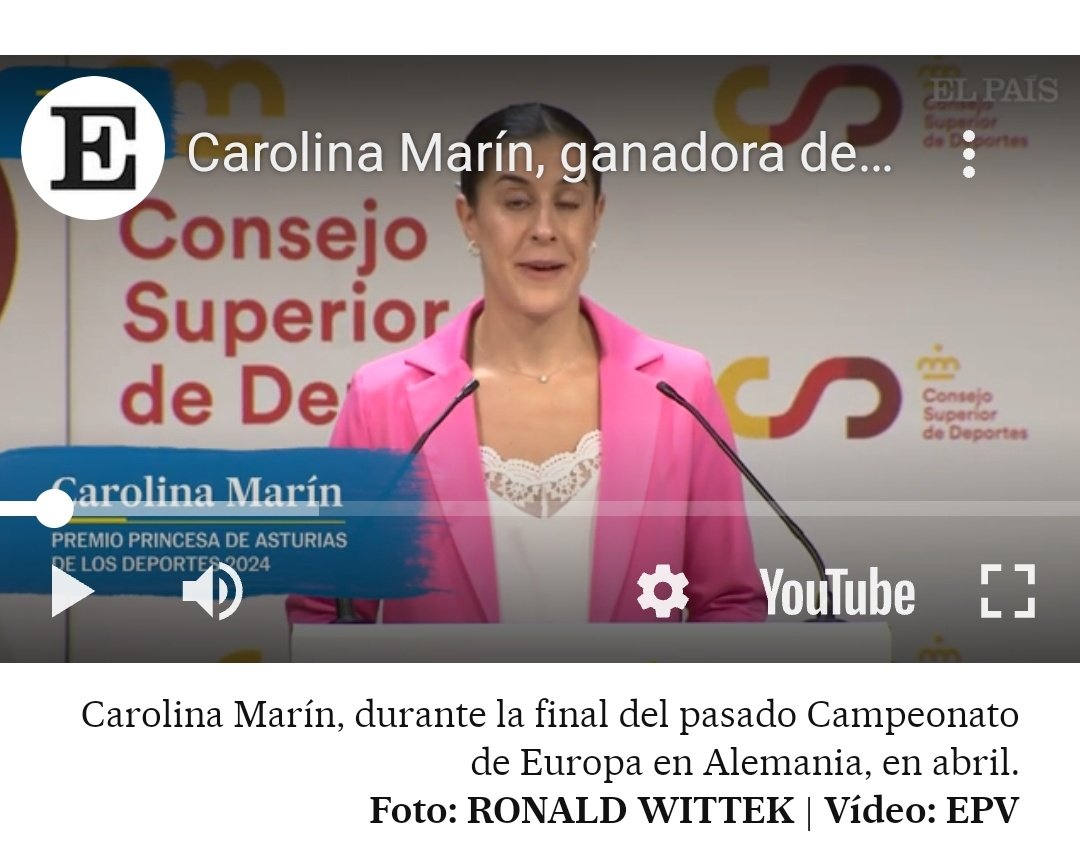 Carolina Marin
Prenio Princesa de Asturias de los deportes
#CadaVezMasIguales
elpais.com/deportes/2024-…