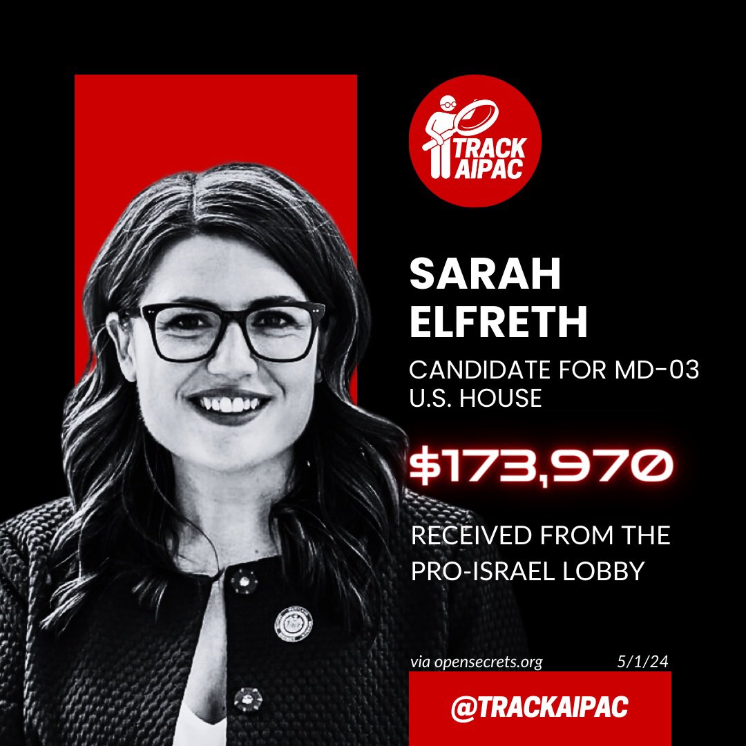 @SarahForMD MAJOR NEWS! Sarah Elfreth has collected >$173,000 from AIPAC and their allies. She’s ready to get go work ignoring her constituents and parroting Israeli propaganda! #RejectAIPAC #MD03