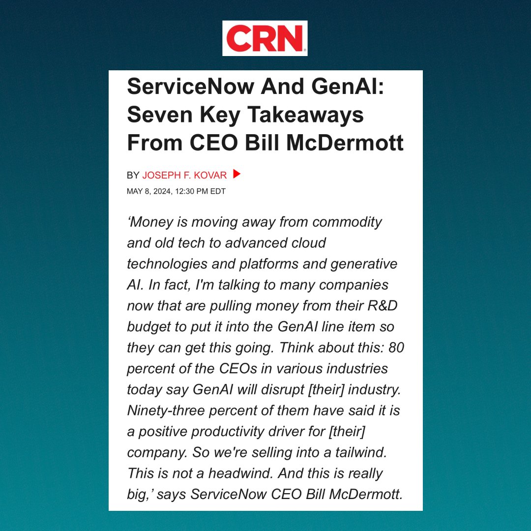 'Few in the IT industry are as passionate about generative AI, or GenAI, as ServiceNow CEO Bill McDermott.' @CRN's @ChannelWritrGuy shares @BillRMcDermott's key takeaways from #Know24. crn.com/news/ai/2024/s…