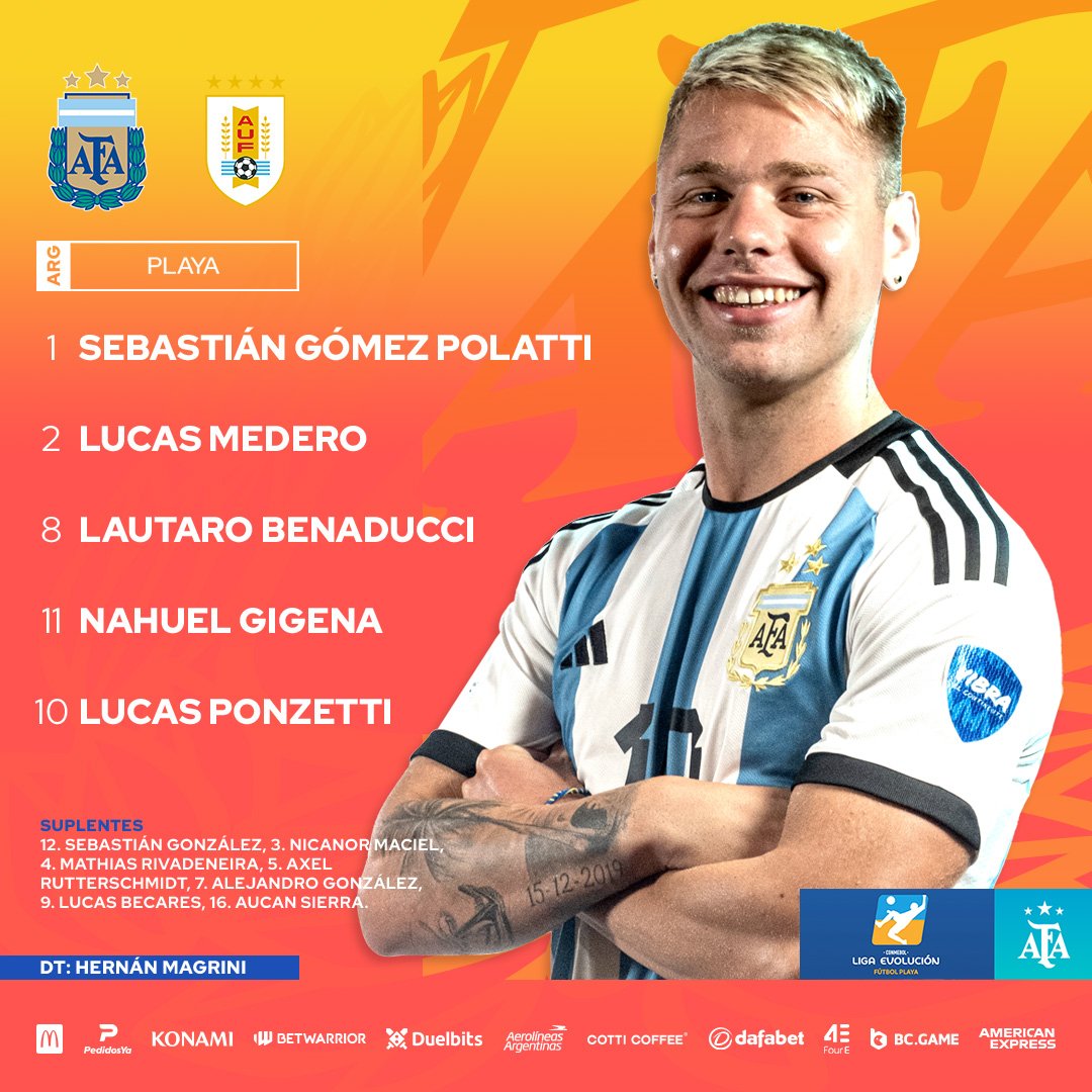 🏆 #FútbolPlaya #LigaEvolución 🌎 🗓 Fecha 1 ⚽️ #Mayor @Argentina 🇦🇷 - Uruguay 🇺🇾 ✔ ¡Formación confirmada para el debut de nuestra Selección! 💪 Vamos nosotros 🇦🇷