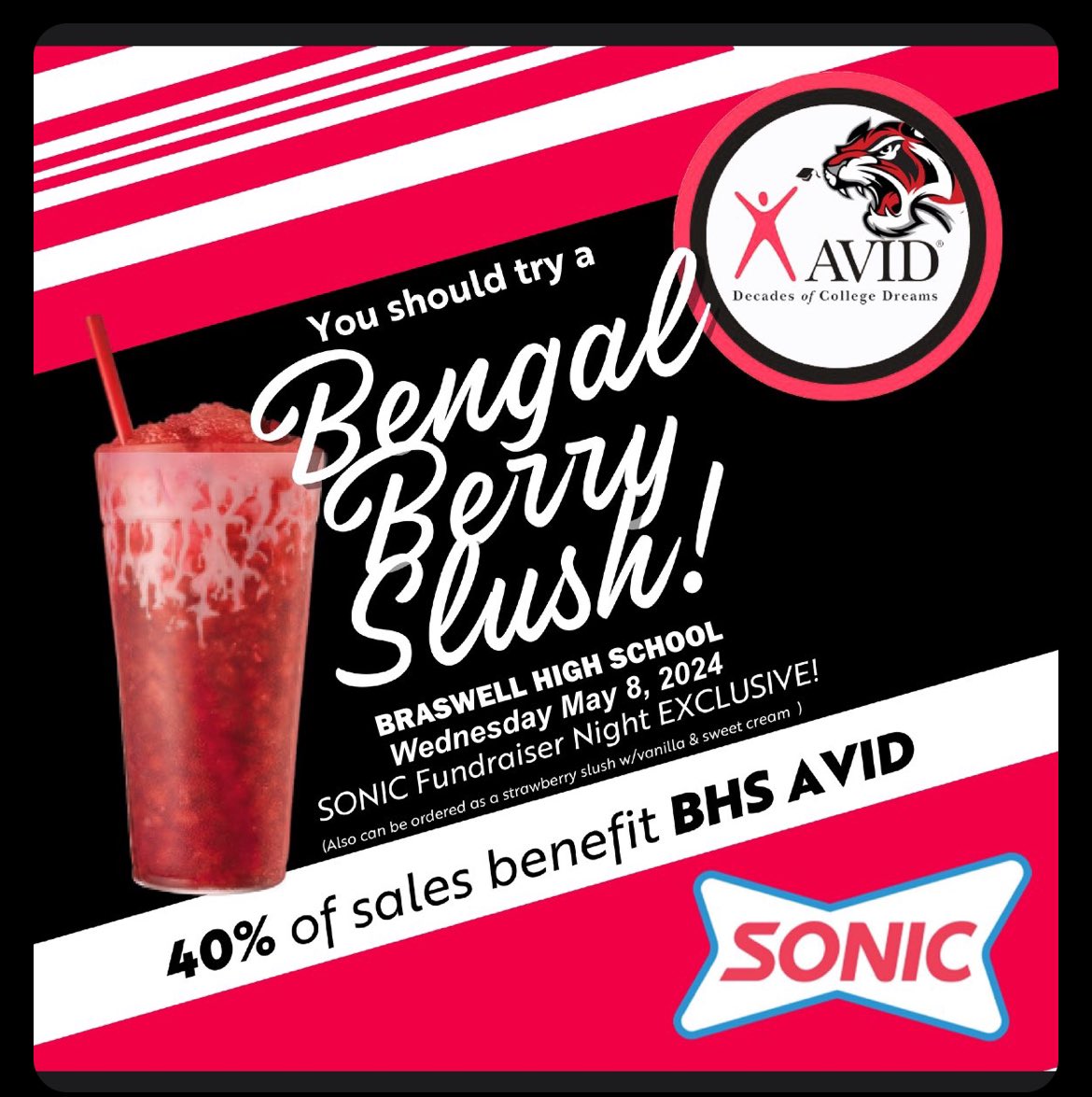 TONIGHT! Come support Braswell AVID at Sonic in Aubrey (next to Enterprise) from 5-8 pm! <a href="/braswellhs/">Braswell High School</a> <a href="/bengalcounselor/">BraswellHSCounselors</a> <a href="/CSOSUAVE17/">Mr. Hailey</a>