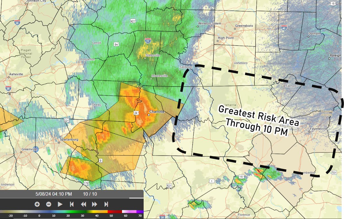 A severe storm will move into the southern Piedmont of central NC within the next hour and continue into the Sandhills through 10 PM!
This storm has a history of producing widespread wind damage and large hail. Be prepared to take cover if a warning is issued for your area! #NCwx