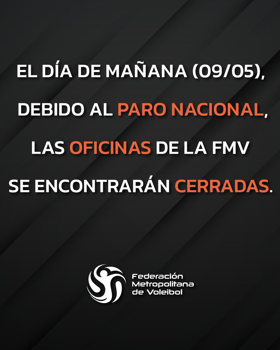 𝗜𝗠𝗣𝗢𝗥𝗧𝗔𝗡𝗧𝗘 ‼️ El día de mañana, 09/05, debido al 𝗽𝗮𝗿𝗼 𝗻𝗮𝗰𝗶𝗼𝗻𝗮𝗹 las 𝗼𝗳𝗶𝗰𝗶𝗻𝗮𝘀 de la FMV se encontrarán 𝗰𝗲𝗿𝗿𝗮𝗱𝗮𝘀.