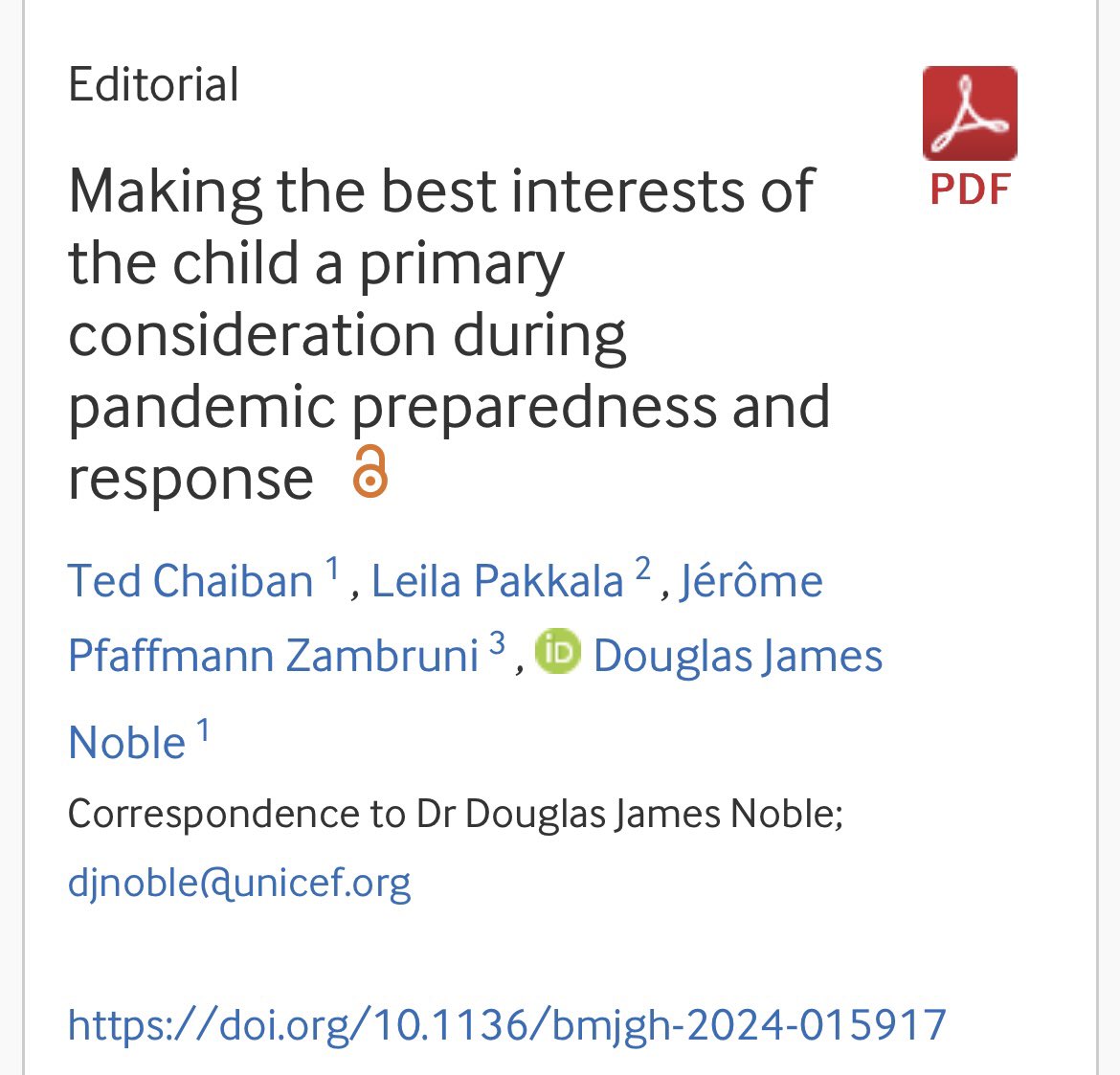 We cannot have a Pandemic Agreement that does not make explicite that the best interests of the child is a priority, as articulated in Article 3 of the Convention on the Rights of the Child @DouglasNobleMD @UNICEFhealth #ForEveryChild gh.bmj.com/content/9/5/e0…