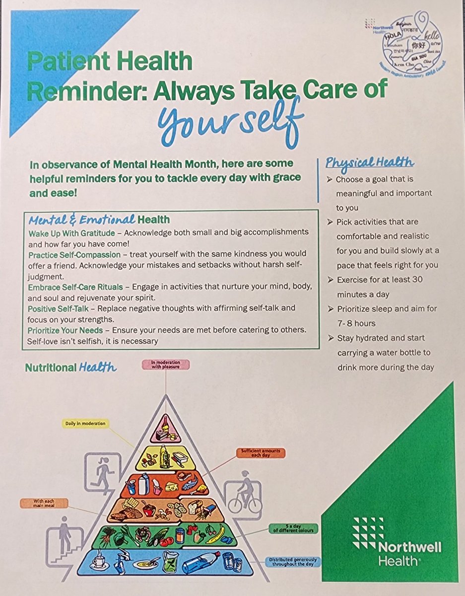 While waiting in the 'waiting room' for a family members healthcare check, there are great points on self-care in this flyer, but let's update the nutrition pyramid. This is outdated. Prioritize health with accurate guidance! 💪 #SelfCare #NutritionRevolution