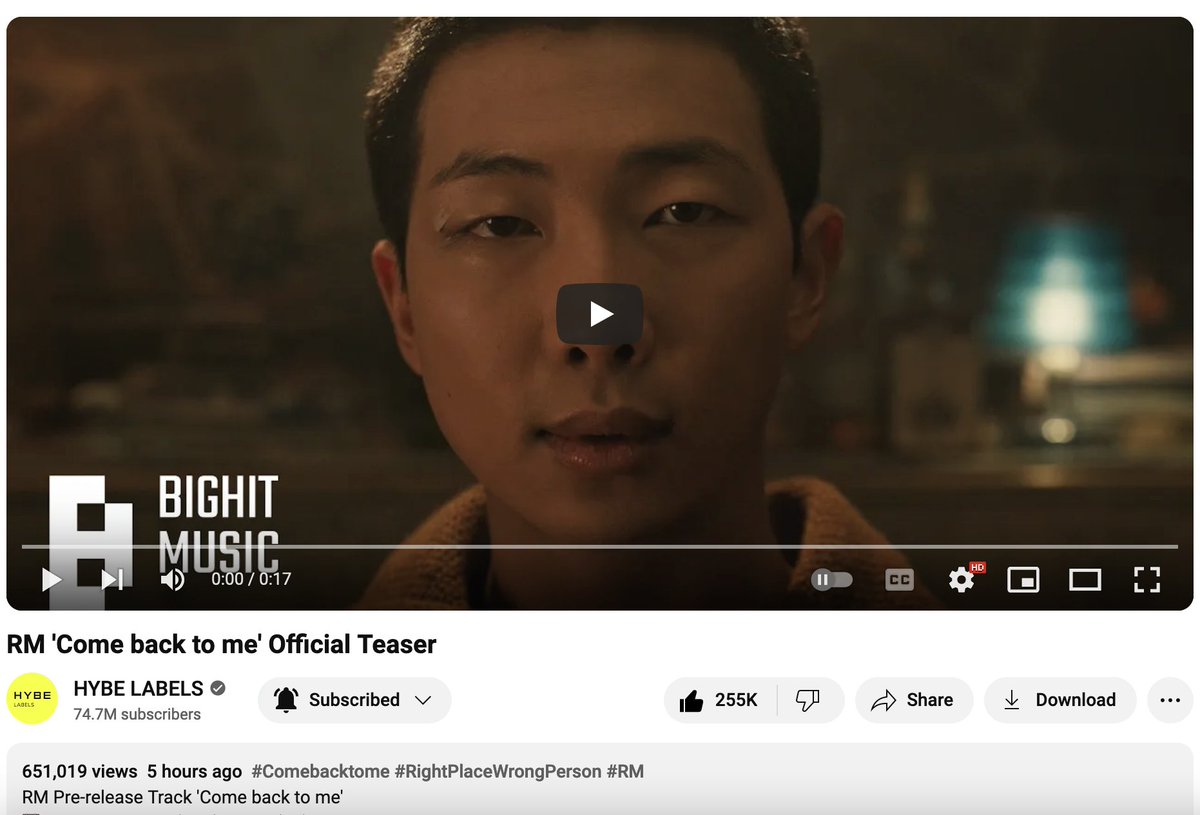Sharing from YouTube helps with trending!🥰

#RightPlaceWrongPerson 
RM 'Come back to me' Official Teaser youtu.be/1Q7O8eS5OLk?si…