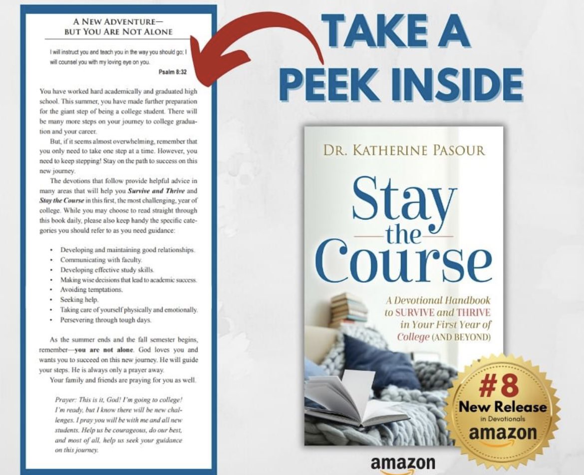 Stay the Course, by Dr. Katherine Pasour, is a valuable resource to help first year college students navigate the challenges ahead. Just in time for graduation! #staythecoursedevotional