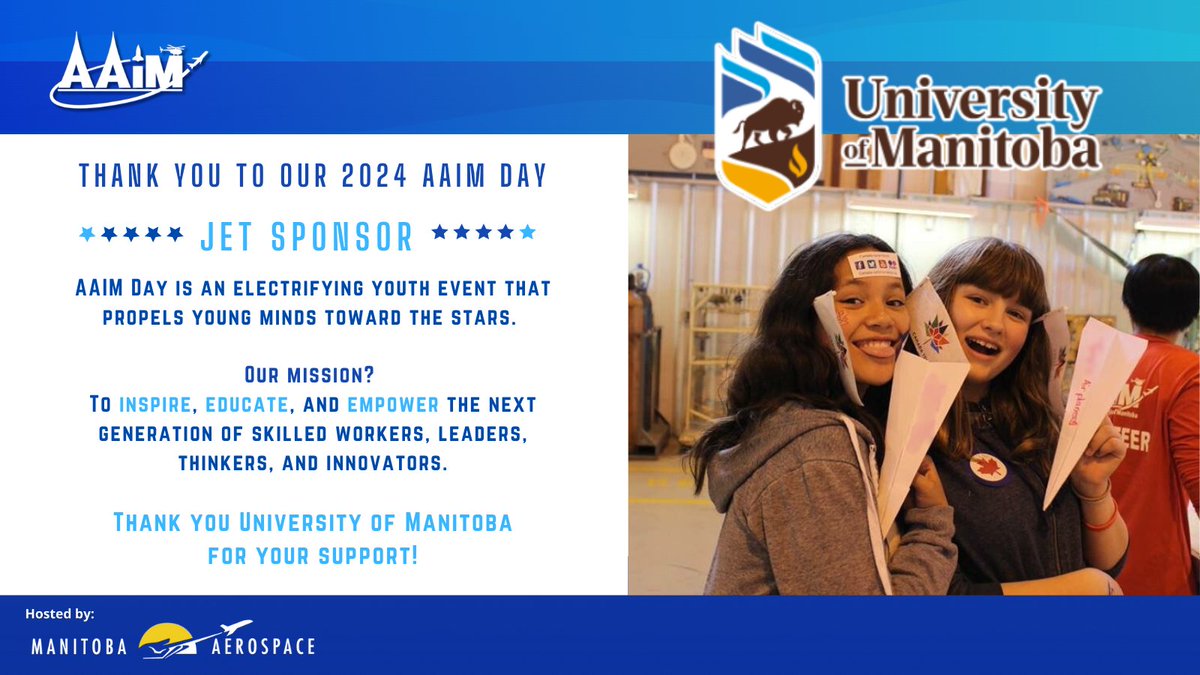 AAiM Day promotes awareness, education, and highlights career opportunities in the local aerospace and aviation industries to students and teachers as well as over 120 volunteers. 🌠

Thank you to our Jet sponsor, @umanitoba for their support!