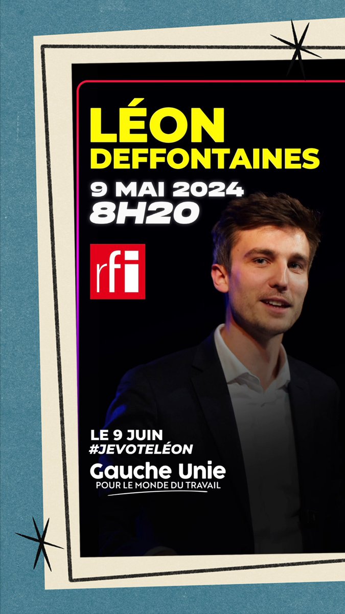 📻 [Passage Média @L_Deffontaines] Léon DEFFONTAINES est l'invité exceptionnel de @RFI ce jeudi 9️⃣ mai, à 8h20, dans l'émission @lesgrandsinvites, dans le cadre des #Européennes2024 #RFImatin #AvecLéon #GaucheUnie #ReprenonsLaMain #PouvoirdAchat #PassagemediaPCF #Paix #Climat