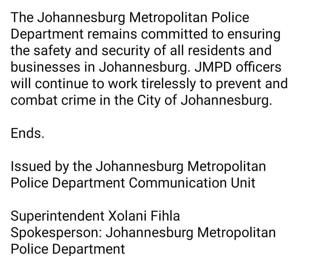 Media Statement: SUSPECT FATALLY WOUNDED DURING A SHOOTOUT WITH JMPD OFFICERS #FightingCrimeManjeNamhlanje #SaferJoburg