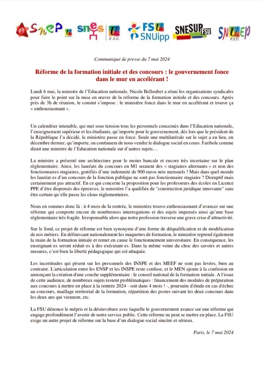 📢Réforme de la formation initiale et des concours : le gouvernement fonce dans le mur en accélérant! 😡 #FDE #MaltraitanceInstitutionnelle Cette réforme ne peut se mettre en place! ⏩️ Communiqué @FsuNationale @snepfsu @SNESFSU @SnesupFsu @FSU_SNUipp @SNUEPFSU du 7 mai 2024👇