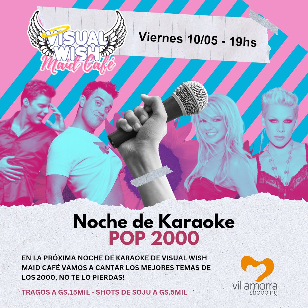 Este viernes 10 de mayo se viene la noche de Karaoke POP 2000! ✨ Vamos a cantar los mejores temas de los 2000, Brtiney, NSYNC, Ricky Martin y más! Con tragos a Gs.15mil y shots de soju a Gs.5mil! Los esperamos en el patio de comidas del Villamorra Shopping! ❤