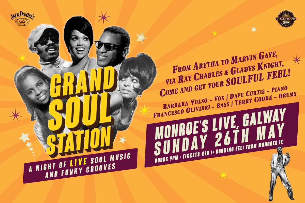 📣 📢 ** Announcement** 📣 📢 Grand Soul Station returns to Monroe's Live on Sunday 26 May!!! 🕺 💃 🪩 🎟️ 👉 bit.ly/GSSMar24 Journey through the music of Aretha Franklin, Marvin Gaye, Chaka Khan, Ray Charles and more with Galway’s new soul band, Grand Soul Station!!!