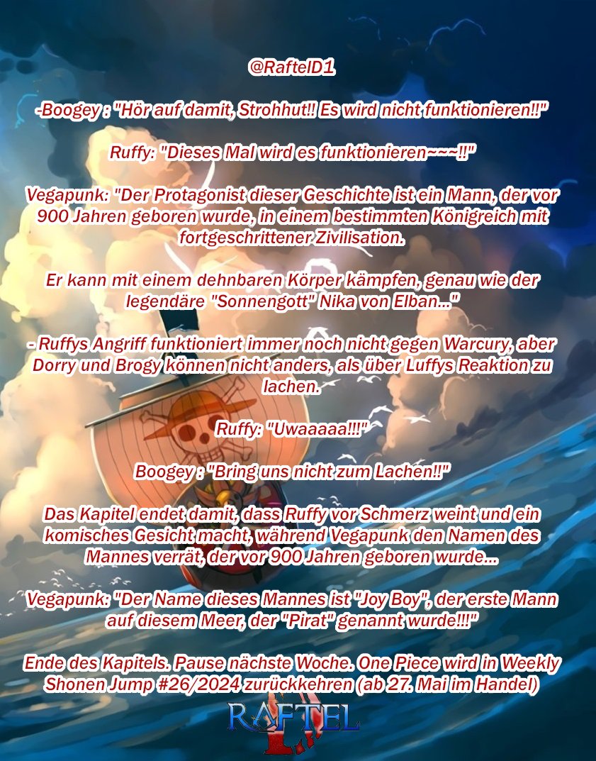 RaftelD1's tweet photo. Zusammenfassung Kapitel 1114
#onepiece #ONEPIECE #onepiecenews #onepiecenewsgermany #opspoilers #onepiecechapter #onepiece1114 #ONEPIECE1114 https://t.co/JvmGNdv7pT