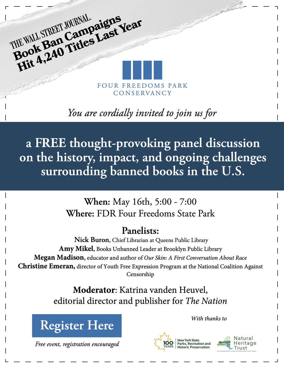 Stop by Four Freedoms Park on Roosevelt Island next Thursday evening for a discussion on book banning with @KatrinaNation and others. Register here: eventbrite.com/e/beyond-the-b…