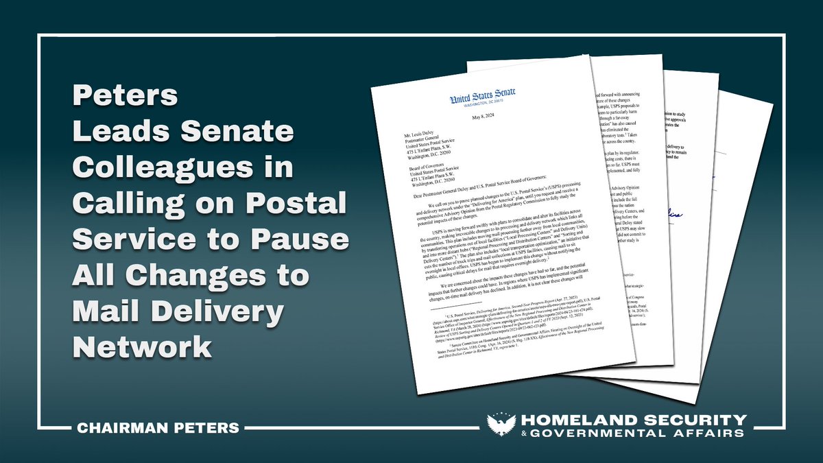 Millions of Americans depend on @USPS for critical mail like medications & paychecks.

Reliable mail service is too important. A bipartisan group of senators led by Chairman @SenGaryPeters called on USPS to pause delivery network changes to ensure timely mail is not disrupted.