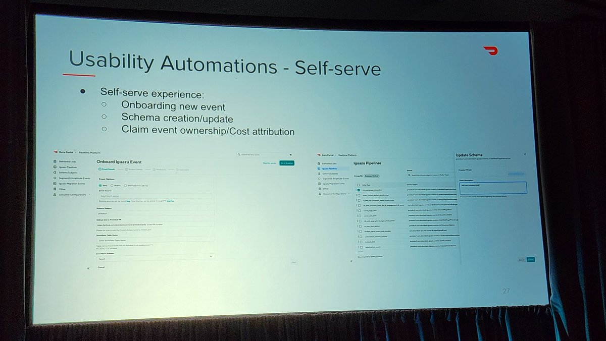 @redpandadata @dunithd @ApachePinot @ScyllaDB @apachekafka @apachesuperset @tableau @streamlit @springboot @databricks @trinodb @DoorDash @ApacheFlink @CockroachDB @DeltaLakeOSS @kubernetesio @SlackHQ Fourth improvement: Schema updates!!! Schema evolution was automated across @ApacheFlink, @SnowflakeDB, Snowpipe, etc. And schema creation using Protobuf and @ApacheAvro. Plus usability automation #RTASummit