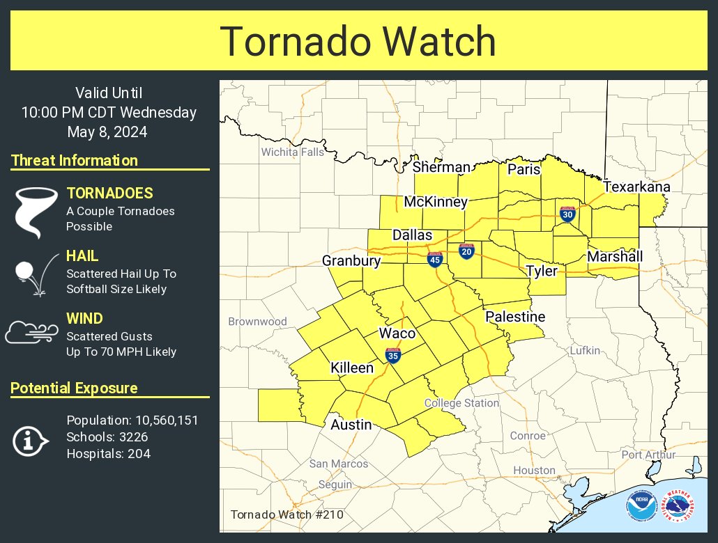 A tornado watch has been issued for parts of Arkansas and Texas until 10 PM CDT