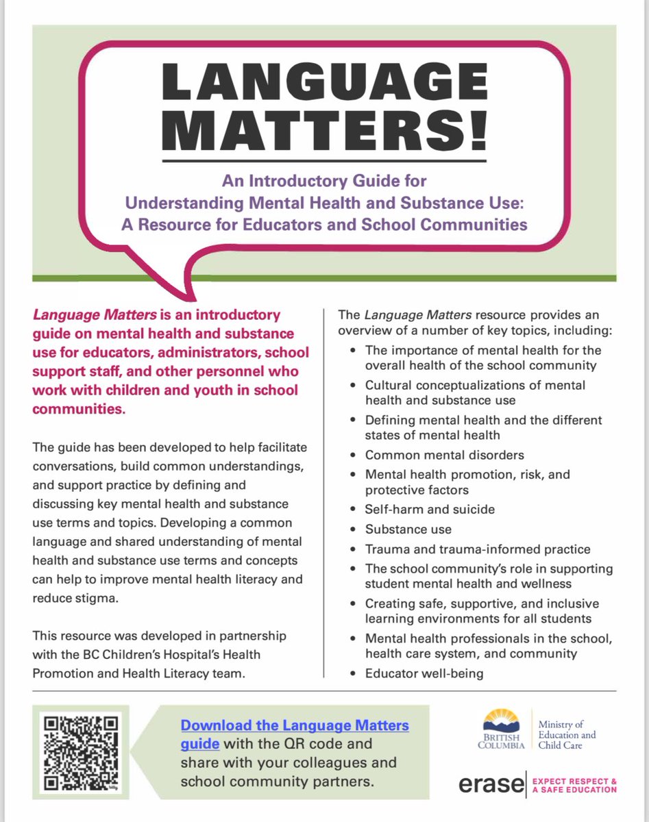 I attended a webinar today hosted by @KeltyCentre in partnership with Ministry of Education & Child Care. A new resource for educators & school communities: Language Matters - An Introductory Guide for Understanding Mental Health and Substance Use. www2.gov.bc.ca/assets/gov/era…