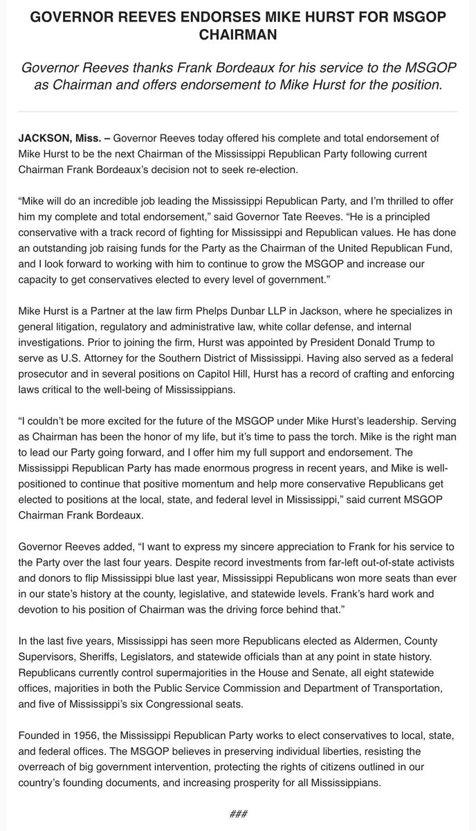 I want to express my sincere appreciation to Frank Bordeaux for his service to the Mississippi Republican Party over the last four years. Despite record investments from far-left out-of-state activists and donors to flip Mississippi blue last year, Mississippi Republicans won…