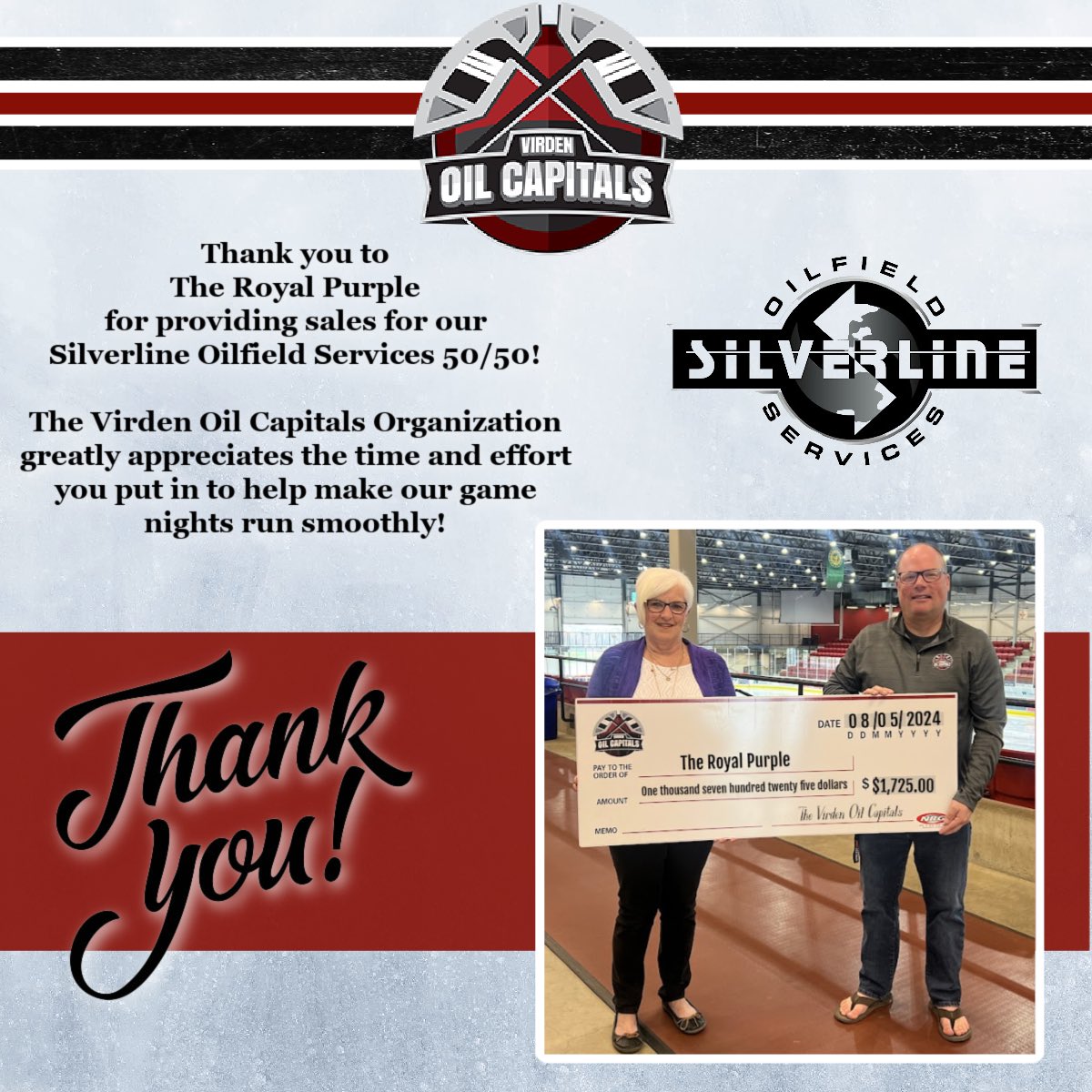 The Virden Oil Capitals would like to thank the Virden Royal Purple Lodge 220 for selling Silverline Oilfield Services 50/50 at our home games. 

We greatly appreciate your dedication to the community and all the work you do!